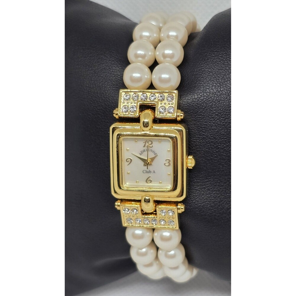Women's Adrienne Club A Fancy Gold Tone Rhinestone Pearl Bracelet Band Watch 10 - Picture 2 of 9